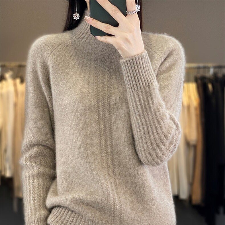 2024新款半高领羊毛衫女100羊毛针织打底衫宽松秋冬季毛衣,女装羊毛衫,秋虹羊绒