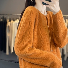 春季新款圆领镂空纯羊毛开衫女宽松羊绒针织外套长袖纯色百搭毛衣，女装羊毛衫，开创羊绒