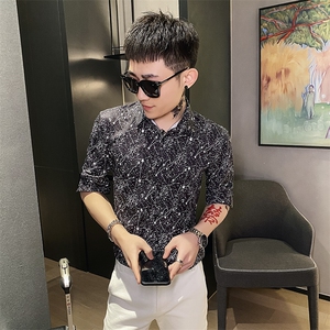 312A-104-P55 新款社会小伙中袖衬衫韩版潮流男士五分袖衬衣B图片