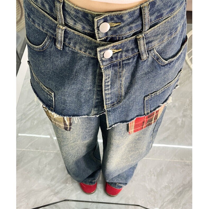 毛边拼接牛仔裤男女设计感小众高级感2025高腰显瘦宽松阔腿裤潮,男装牛仔裤,星座601-1