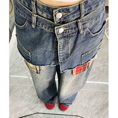 毛边拼接牛仔裤男女设计感小众高级感2025高腰显瘦宽松阔腿裤潮，男装牛仔裤，星座601-1