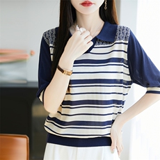 夏季100%莱赛尔天丝针织短袖T恤女polo领条纹上衣宽松半袖打底衫，女装针织衫/毛衣，唐诺