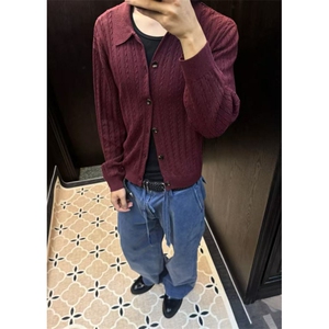现货~6色老钱风秋冬条纹纽花休闲开衫毛衣MY2590批68图片
