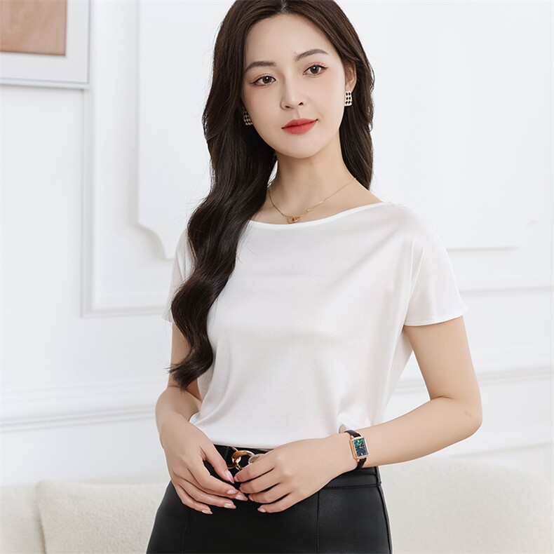 2025夏季三醋酸一字领短袖女宽松薄款丝滑缎面半袖t恤上衣高级感,女装T恤,伊绒腾羊绒