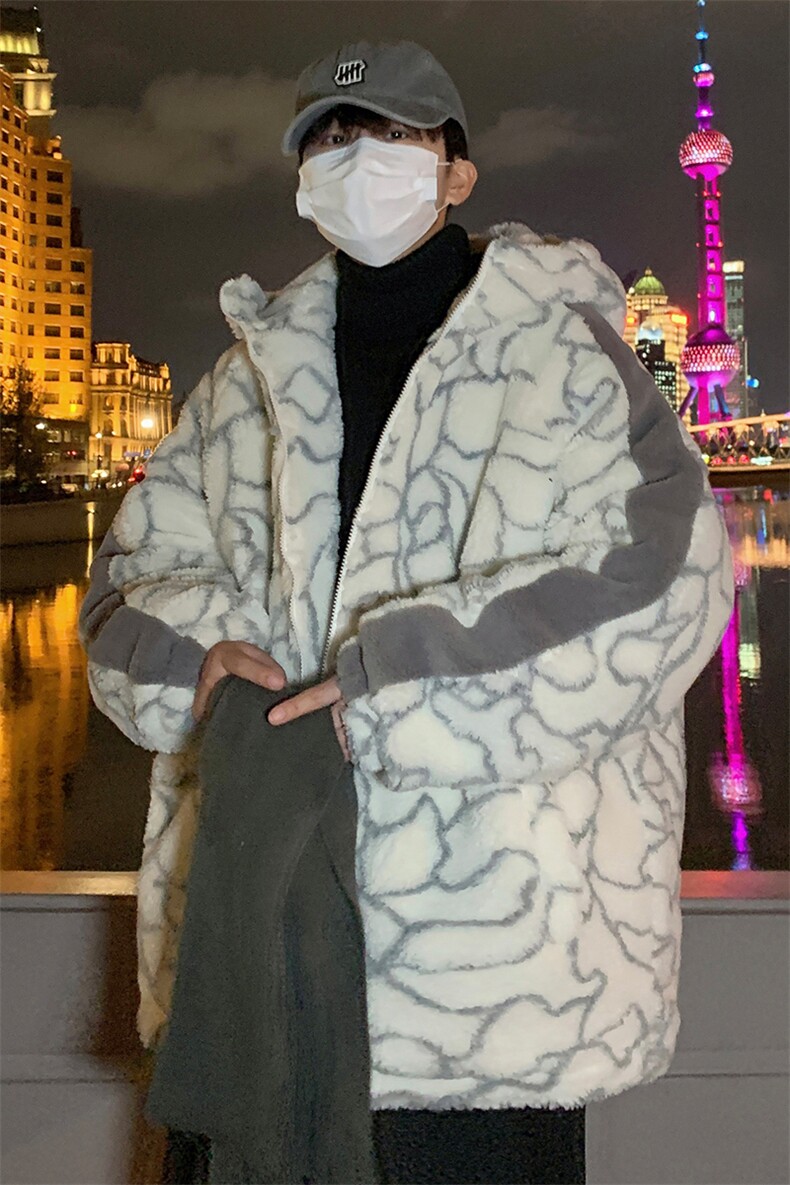 M8020P90港风外景连帽休闲拼色裂纹印花羊羔毛潮学生情侣外套,男装棉衣,电商A026-1