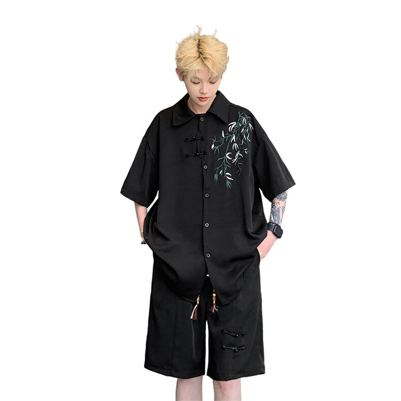 量大优供视频新风竹叶刺绣花冰丝短袖衬衫男XH54-特P33,男装衬衫,电商B367