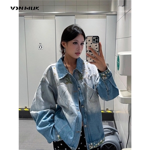 美式秋冬新款花卉潮牌渐变刺绣牛仔夹克外套男女中性风W6874-P70图片