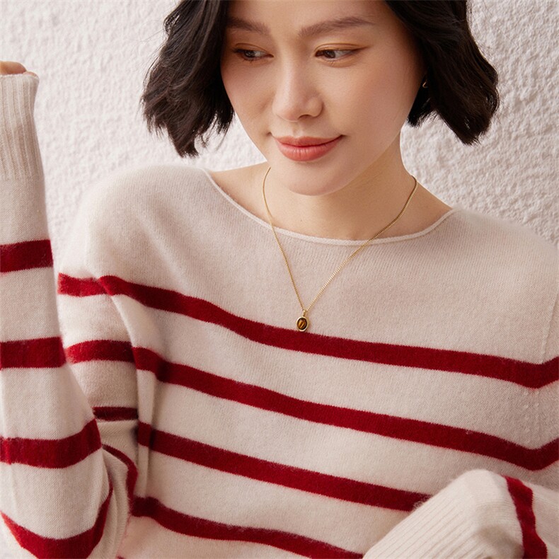 条纹控~薄款baby小山羊绒衫女圆领针织衫宽松慵懒风毛衣早秋新款,女装羊绒衫,雪真羊绒高端店