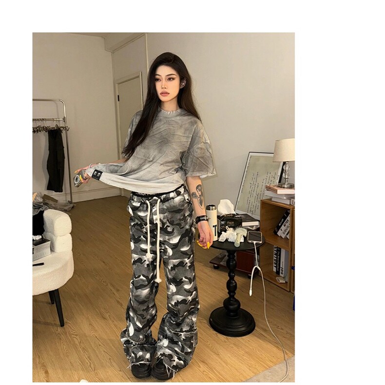 美式迷彩裤女夏季双腰头拖地休闲裤设计感直筒阔腿裤宽松帆布裤子图片