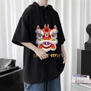 LD54185-P45 连帽短袖t恤男大码胖子带帽五分袖中袖图片