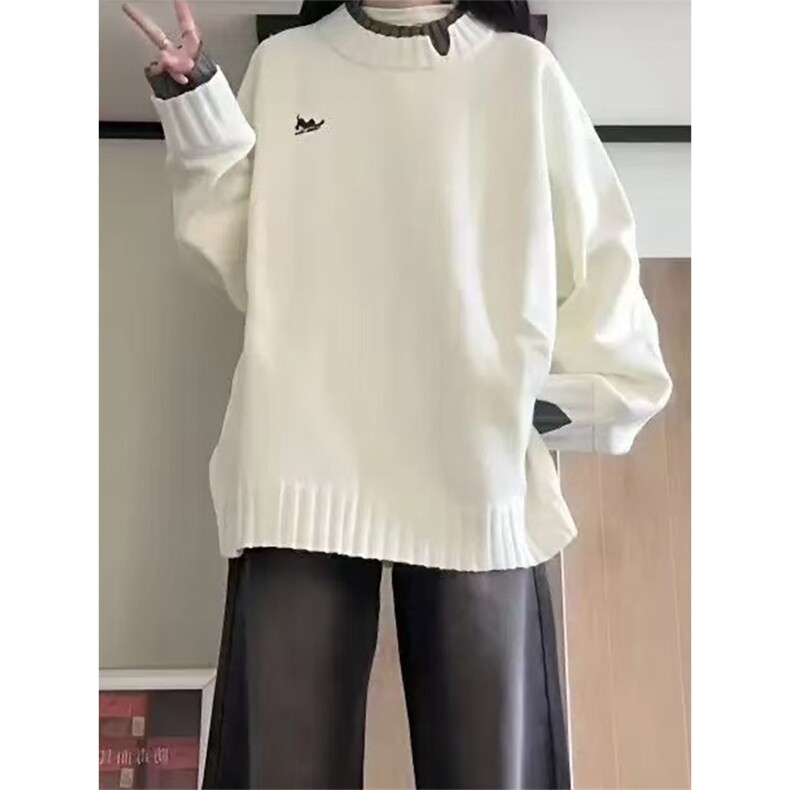 网图有货秋冬慵懒风圆领白色针织假两件长袖毛衣男女A1282-P50,男装针织衫/毛衣,星座1505