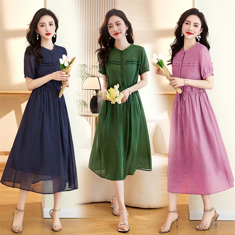 高档苎麻连衣裙女短袖夏薄款新款文艺气质收腰显瘦淑女长裙子，女装连衣裙，倪叶myz