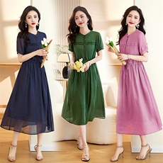 高档苎麻连衣裙女短袖夏薄款新款文艺气质收腰显瘦淑女长裙子，女装连衣裙，倪叶myz