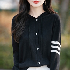 女士春秋韩版时尚简约百搭抽绳连帽衫，女装针织衫/毛衣，佰米娇羊绒