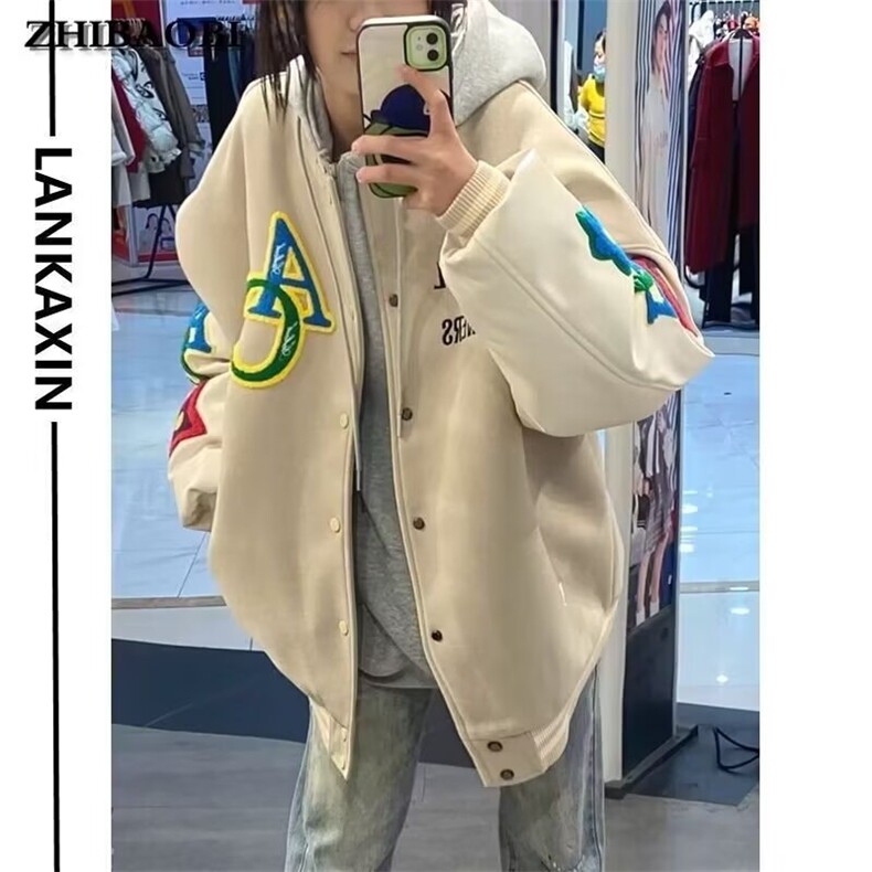 美式复古植绒刺绣字母棒球服2025新款潮牌夹棉加厚外套夹克,男装夹克,星座601-1