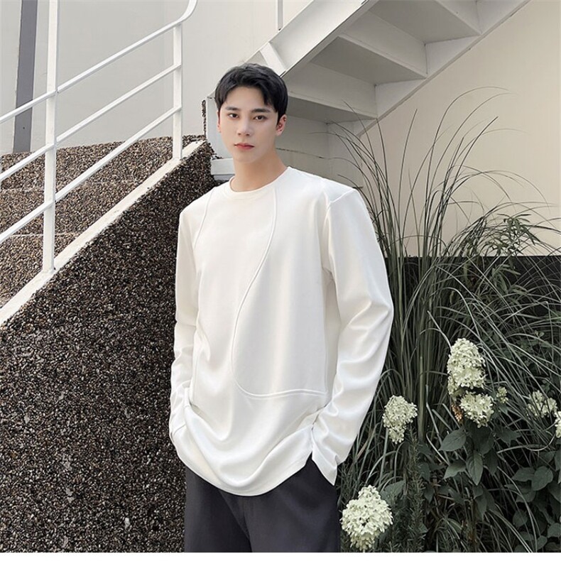 春季个性切割拼接圆领长袖男针织T恤暗黑潮流百搭纯色上衣103P70图片