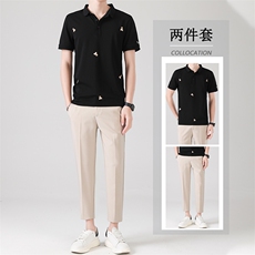 冰丝套装夏季九分休闲西裤男长裤修身韩版短袖POLO衫两件套潮，男装衬衫，星座505-2（原电商A260-1)