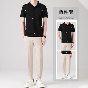 冰丝套装夏季九分休闲西裤男长裤修身韩版短袖POLO衫两件套潮图片