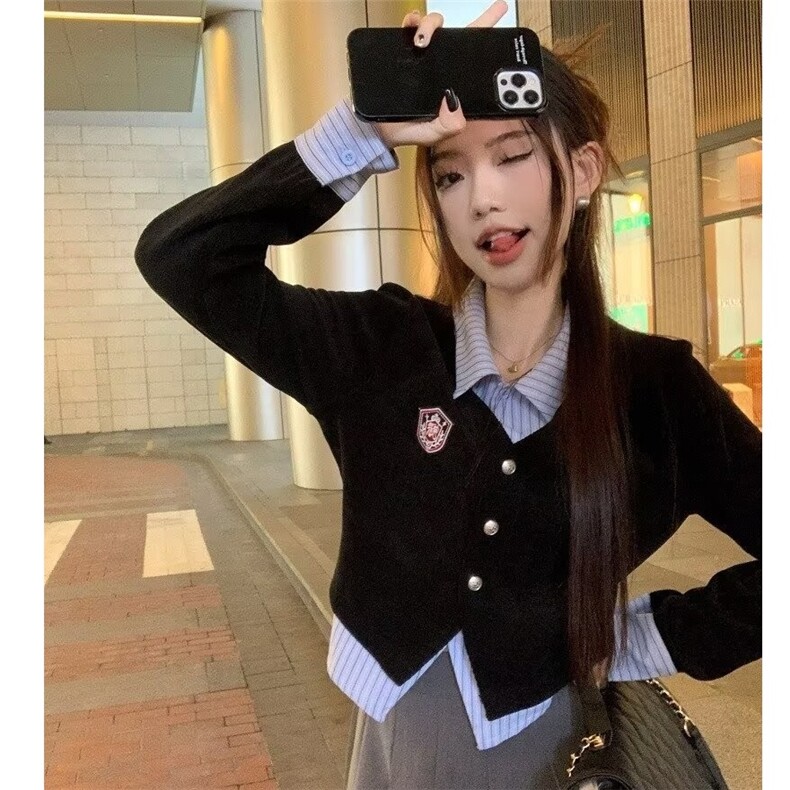 女装秋冬2025美式新款学院风假两件POLO领长袖衬衫外套,男装Polo衫,星座1210-1