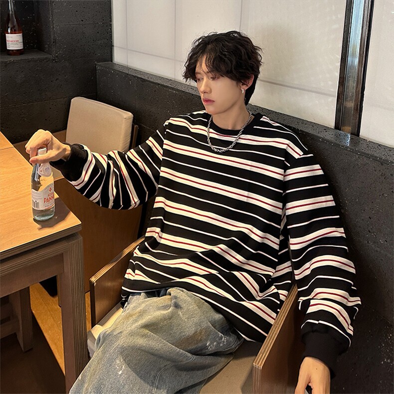 全棉重磅设计感条纹小众长袖T恤男秋季宽松卫衣男A210A-WY05-P48，男装T恤，电商A210A