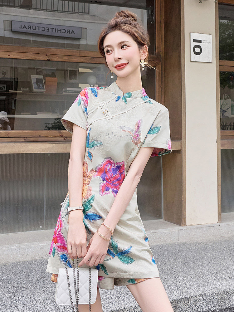 改良旗袍连衣裙女夏高级感复古印花新中式国风短裤套装气质两件套,女装套装/套裙,众宇琦