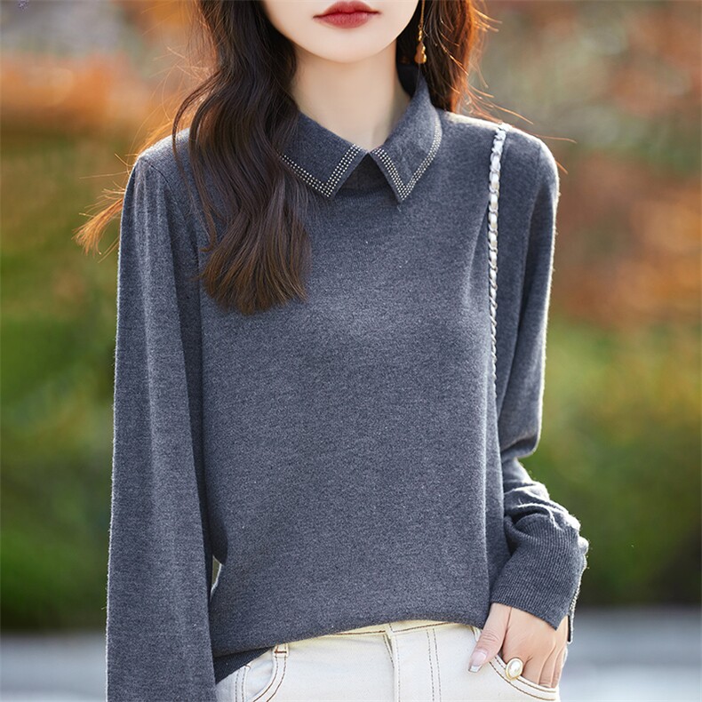 精仿羊毛Polo领针织衫女长袖t恤春装新款翻领中年妈妈打底衫上衣图片