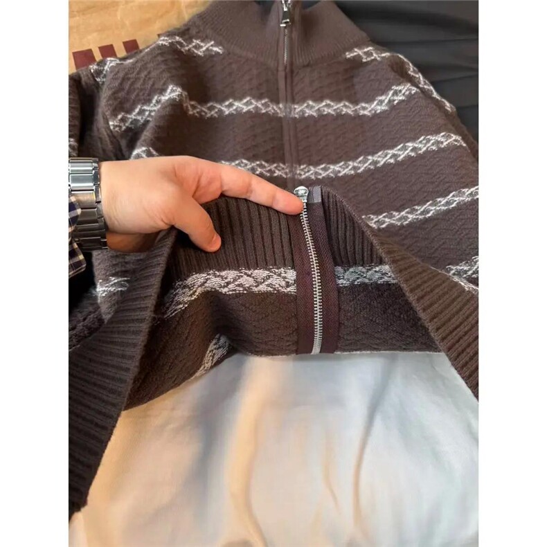 AA1849P67撞色条纹针织开衫毛衣男秋冬美式复古立领外套,男装针织衫/毛衣,电商B323A