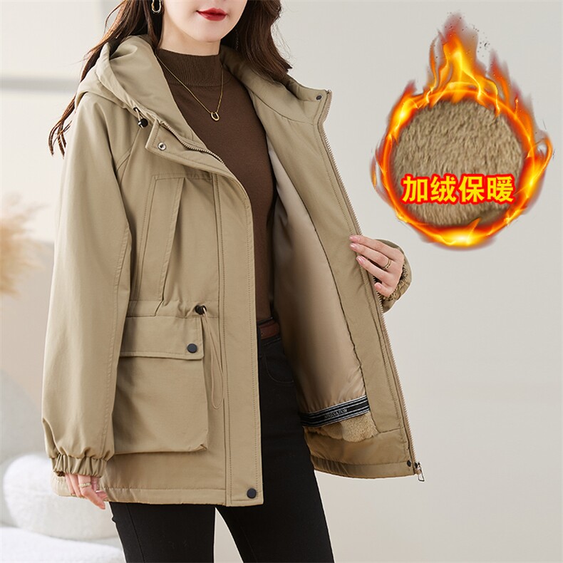 红加绒派克服外套女秋冬2024新款时尚百搭休闲连帽保暖棉服图片