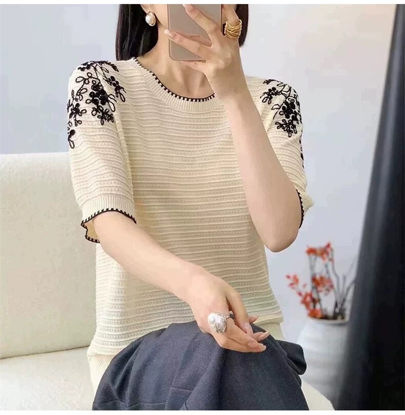 2025夏季新款莱赛尔天丝女圆领短袖左右肩勾花针织衫薄款上衣,女装T恤,唐诺