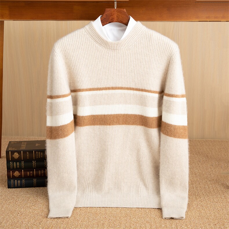 秋冬季35%羊绒休闲七针元宝针拼色圆领羊绒衫男装，男装羊绒套衫，佑昭祥羊绒