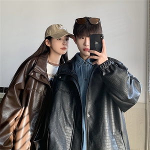 大码pu皮衣夹克钢印美式女复古oversize显瘦设计感情侣机车外套秋图片