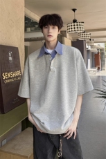 8XL-M格纹拼接假两件短袖t恤大码美式重磅polo翻领半袖DX1218/P48，男装T恤，电商B238