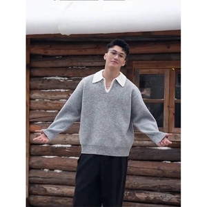 重磅北极绒假两件衬衫领毛衣美式高街复古休闲慵懒纯色翻领针织衫图片