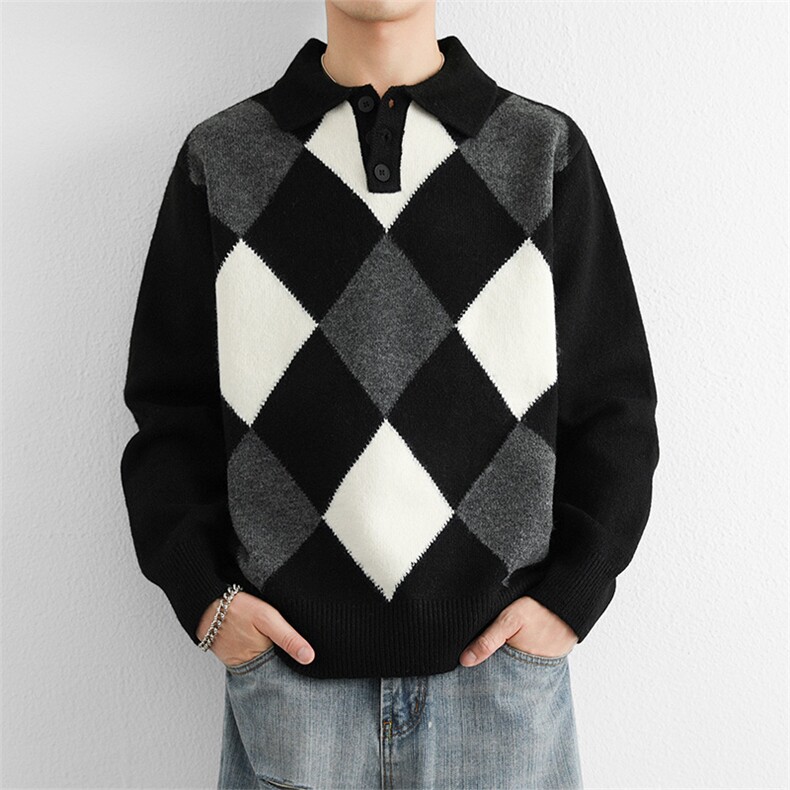 美式复古撞色格子毛衣Polo衫男2025秋冬新品加厚气质翻领休闲针织，男装Polo衫，星座914
