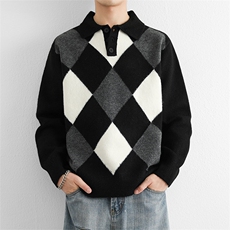 美式复古撞色格子毛衣Polo衫男2025秋冬新品加厚气质翻领休闲针织，男装Polo衫，星座914