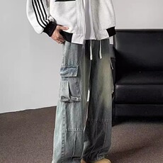 复古工装牛仔裤男生宽松水洗高街痞帅阔腿牛仔裤网图NZK2749-P50，男装牛仔裤，星座302B-2