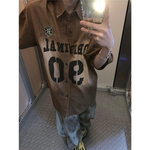 美式复古做旧牛仔短袖衬衫男女夏季宽松休闲百搭衬衣LC30255-P58图片