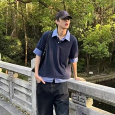 得物抖音高品质二开夏季美式潮牌高街假两件格子衬衣翻领短袖T恤，男装T恤，电商A486