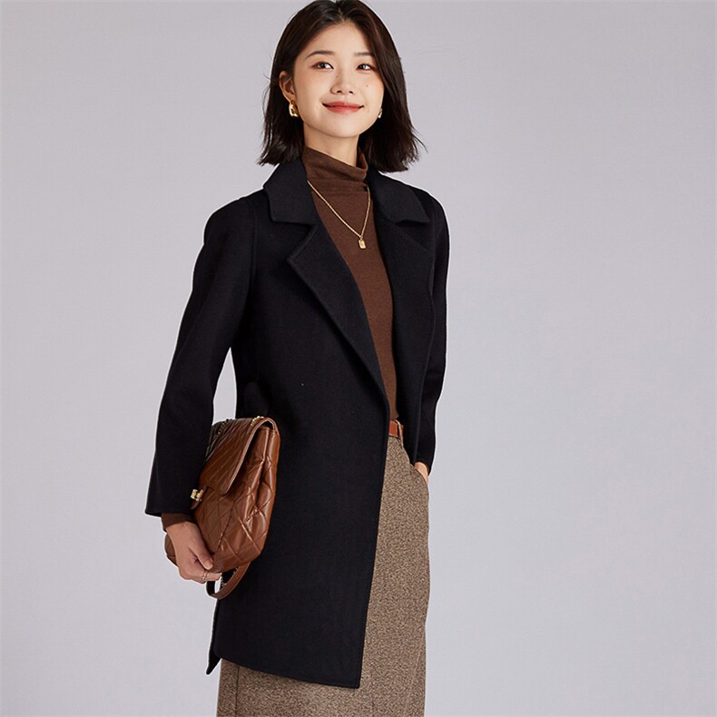 时尚百搭气质简约长款羊毛大衣女冬季新款修身显瘦黑色外套,女装双面呢大衣,羊程大衣