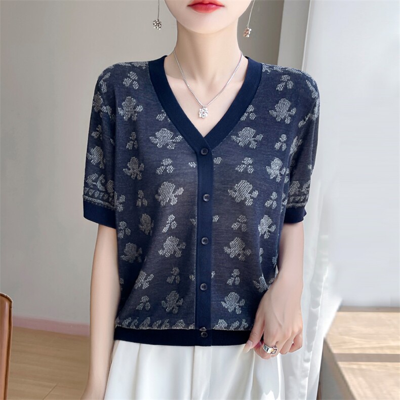 夏季新款天丝提花V领假开衫女宽松百搭显瘦时尚休闲上衣,针织衫/毛衣,暖娇绒