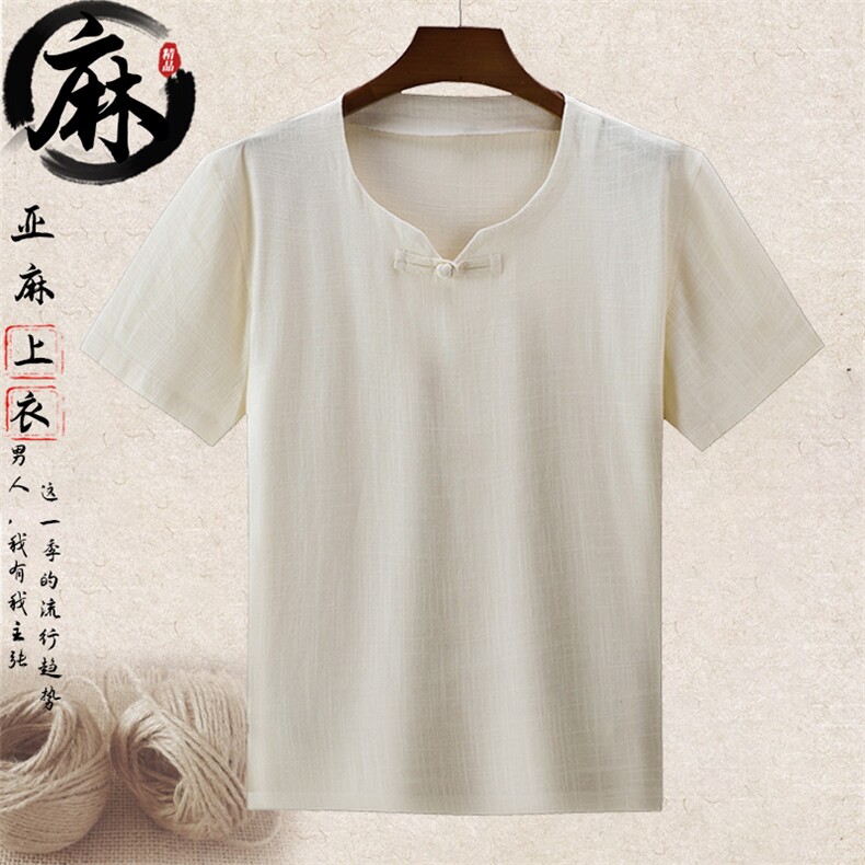 主推大货新款夏季男款风中老年亚麻短袖T恤棉麻上衣半袖，男装T恤，钱塘723