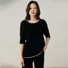 2025年秋季长袖通勤女士撞色圆领羊绒衫，女装羊绒衫，贝美羊绒