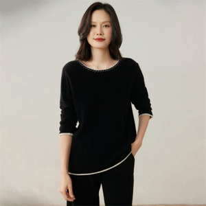 2025年秋季长袖通勤女士撞色圆领羊绒衫图片