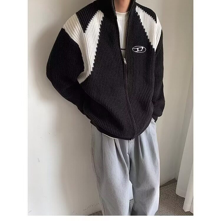 原创潮刺绣拉链针织衫开衫外套男秋冬季潮牌装宽松高领毛衣,男装针织衫/毛衣,星座506A