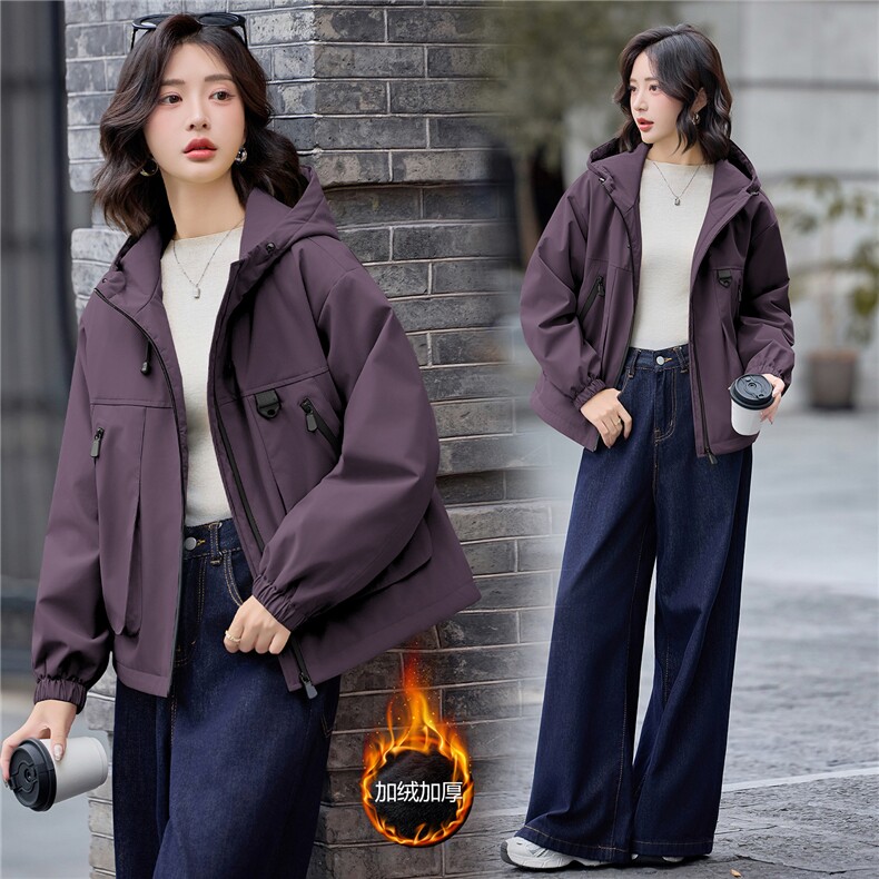 工装风休闲连帽加绒加厚短外套女2025秋冬新款宽松显瘦保暖派克服图片