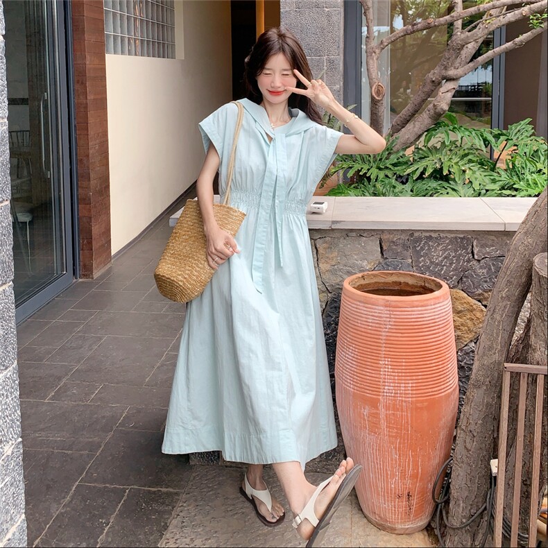韩系蓝色绑带收腰棉布连衣裙女2025夏季新款显瘦a字长裙,女装连衣裙,2C218