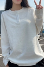 休闲复古纹理感亨利领宽松纯色打底衫长袖T恤男T24521-特P42控78，男装T恤，电商A001