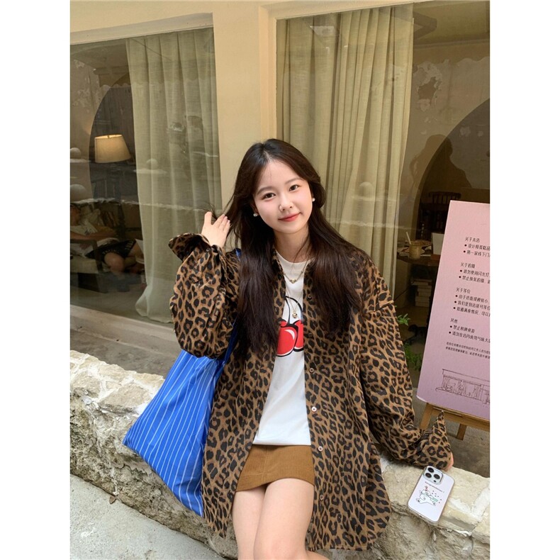 MZVZ美式豹纹牛仔外套女秋冬季设计感小众宽松慵懒风长袖衬衫上衣,男装衬衫,星座506A