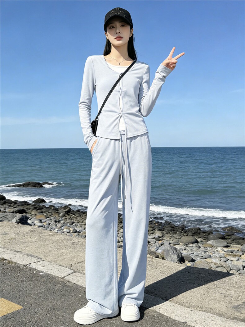 欧货休闲时尚套装女春季新款圆领拼接假两件短款上衣阔腿裤两件套,女装套装/套裙,江南