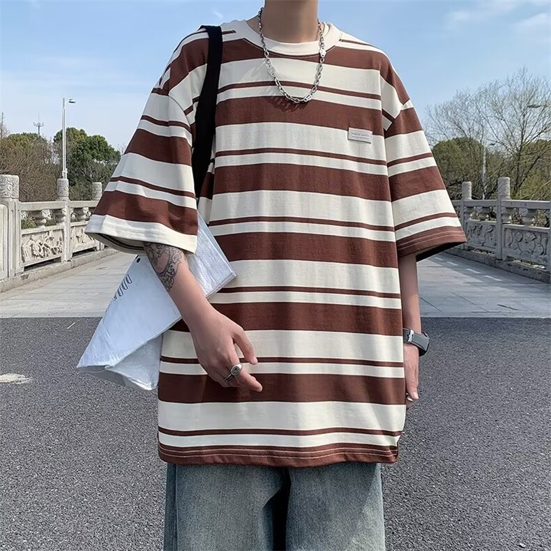 条纹短袖T恤男夏季宽松休闲情侣装2023简约圆领上衣T006-P32,男装T恤,星座308B-1